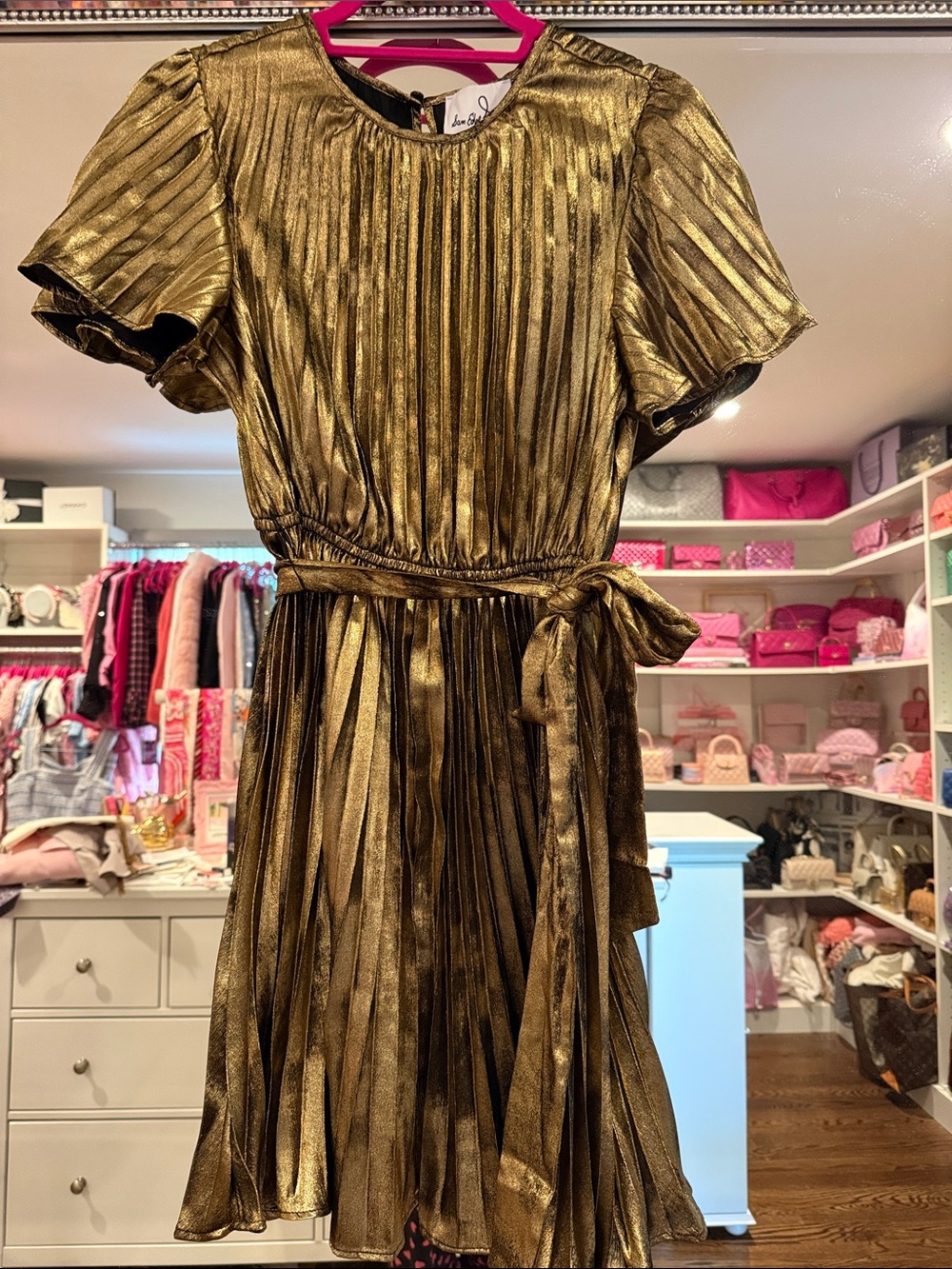 New With Tags Sam Edelman Metallic Gold Pleated Short-Sleeve Dress